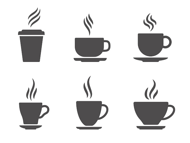 Cup with steam icon Coffee cup with steam black silhouette mug with espresso hot vapouring drink Vector flat set