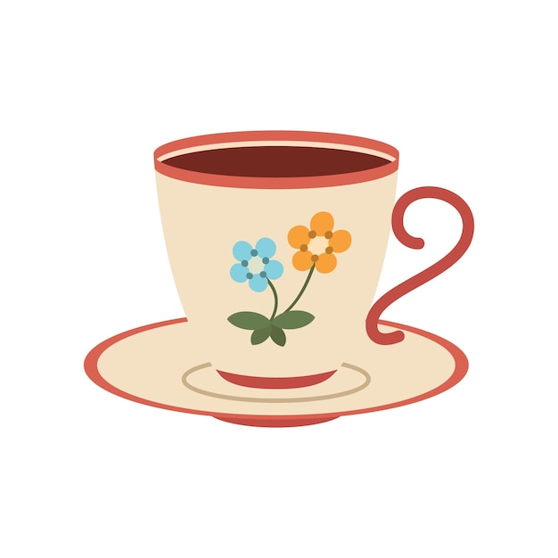 Cup with tea or coffee Different ornaments Flowers berries etc Cozy vector illustration Cartoon style Flat design Autumn or winter drink