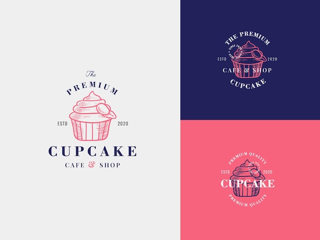 Cupcake cafe Hand Draw Logo Template with Premium Vintage Typography