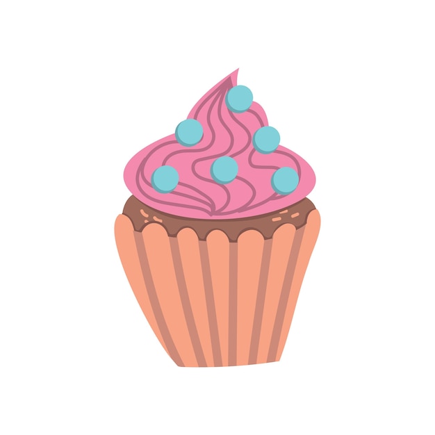 Cupcake in cartoon style Cute dessert with pink cream and sprinkles Handdrawn vector illustration on a white isolated background