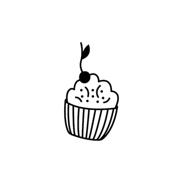 Cupcake doodle linear Cute muffin with cherry Tea party element on a white background Hand drawn