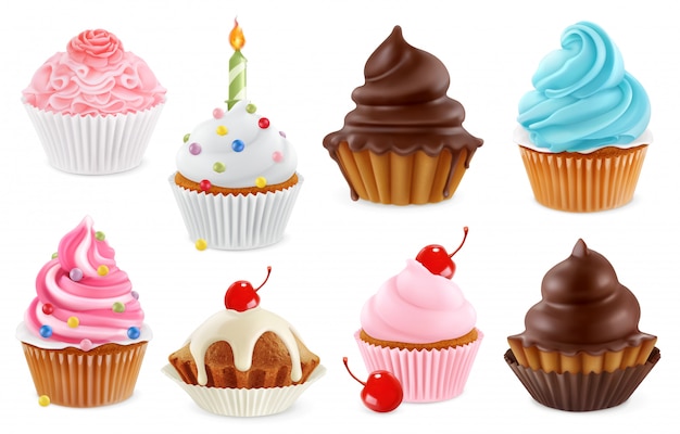 Cupcake, fairy cake. 3d realistic  icon set