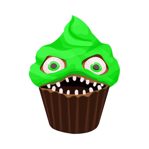 Cupcake Halloween monster dessert with scary face, teeth, eyes in cartoon style