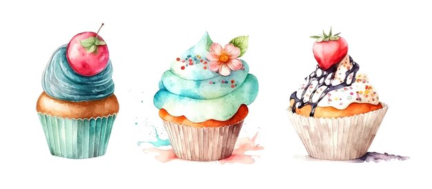 Vector cupcake set with cream watercolor illustration ice cream