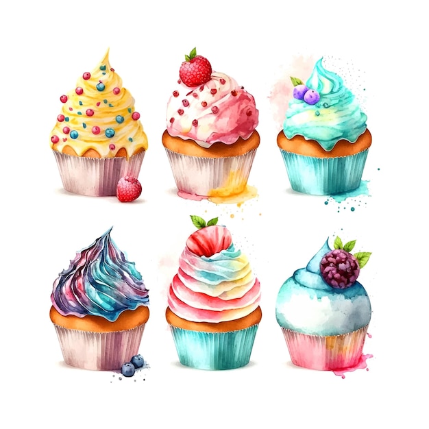 Cupcake set with cream watercolor illustration ice cream