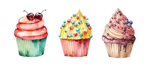 Cupcake set with cream watercolor illustration ice cream