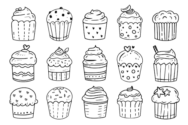 Cupcake sketches doodle outline drawing set