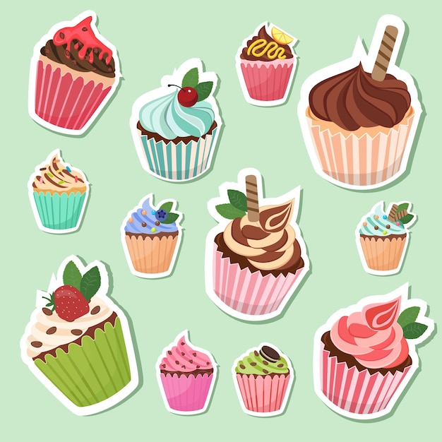 Vector cupcake sticker party element sweet dessert clipart birthday element flat vector in cartoon