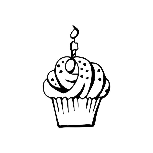 Cupcake with a candle happy birthday black and white isolated on white background