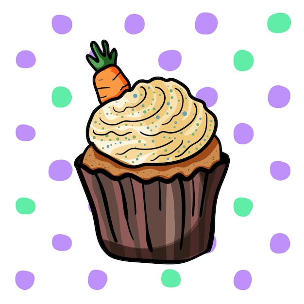 Cupcake with a carrot on a background of polka dot