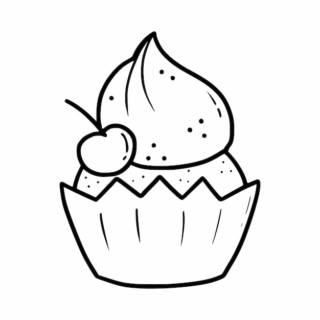 Cupcake with cherries and buttercream Dessert for holiday Vector doodle illustration Coloring food Sketch