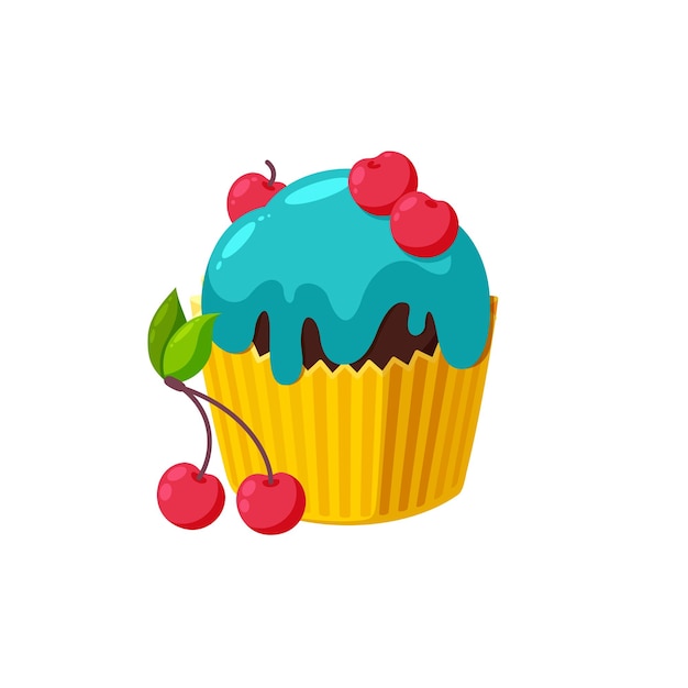 Cupcake with cherry and blue icing Tasty dessert with shiny frosting Vector illustration