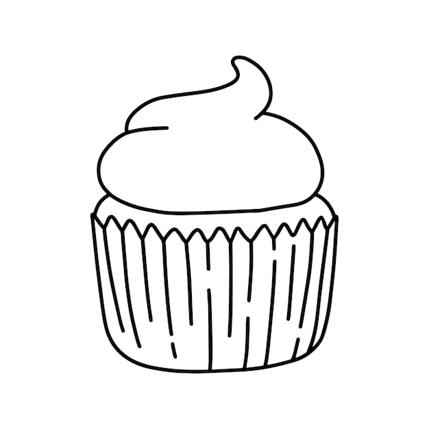 Cupcake with cream sweet dessert for breakfast harmful food dudl linear cartoon coloring