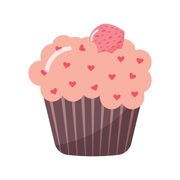 Cupcake with pink icing, sprinkled with hearts and strawberries on the top. Sweet cake.