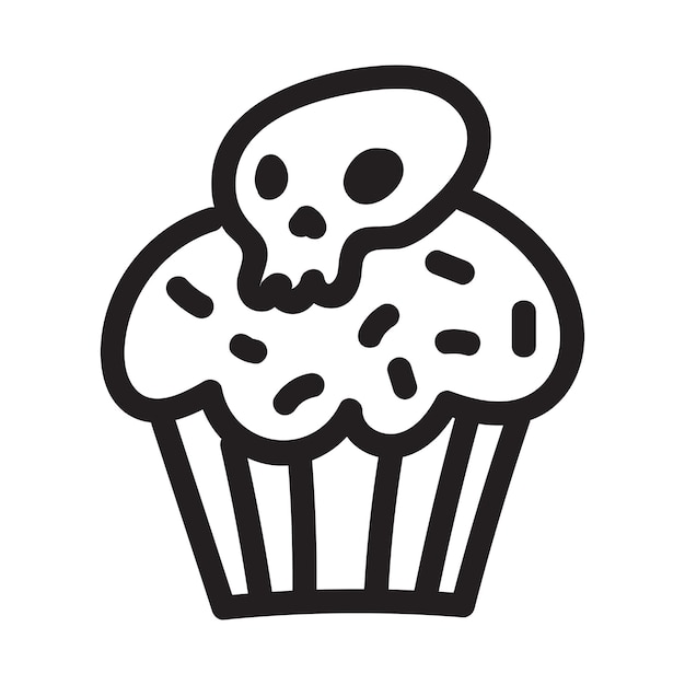 Cupcake with skull doodle drawing. Icon suitable for logo, pattern design. Vector illustration.