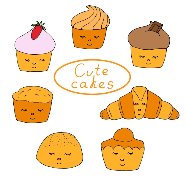 Cupcakes and buns with faces, vector illustration, hand drawn colored