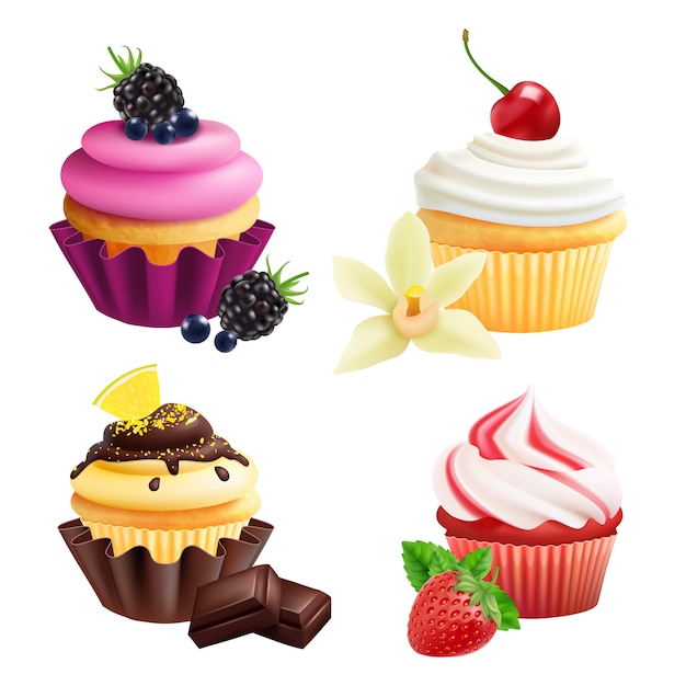 Cupcakes collection. Realistic muffins with cream, fruits, vanilla, chocolate.  cupcakes  on white background