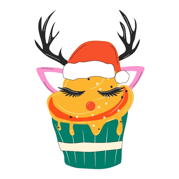 Cupcakes of face of a cute Christmas deer.  Flat design vector illustration.Cartoon