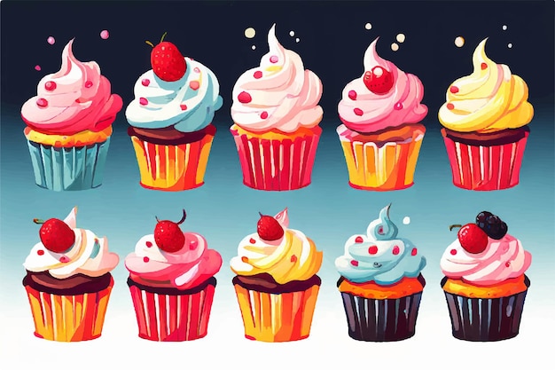 Cupcakes icon set Cute sweet cupcakes set of creamy muffins desserts cakes cupcakes chocolate