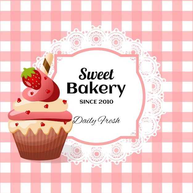 Cupcakes poster label frame with lace in retro invector illustration