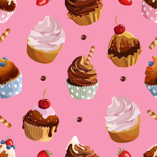 Cupcakes seamless pattern Cakes with cream illustration Vector