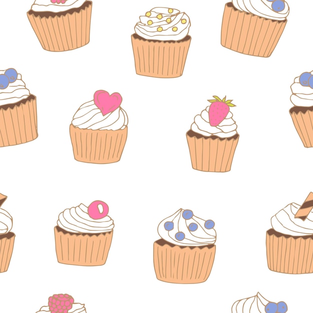 Cupcakes seamless pattern vector illustration hand drawing colored