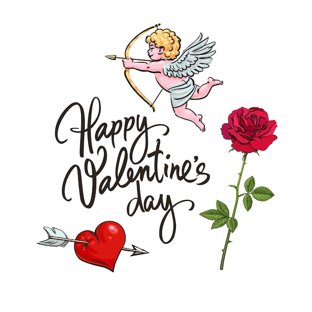 Cupid aiming bow and arrow red rose heart pierced by arrow Happy Valentines Day handwritten text