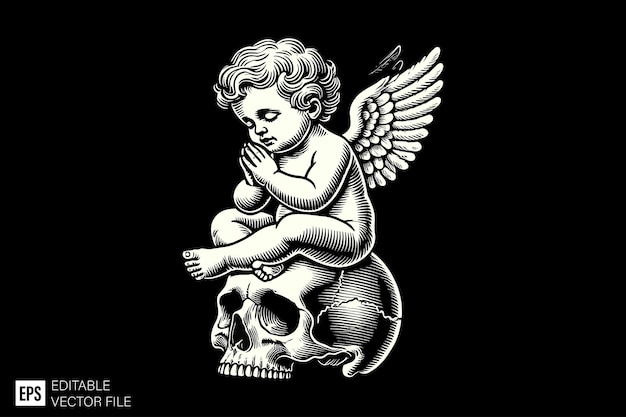 Vector cupid angel baby dark art style vector design black and white illustration