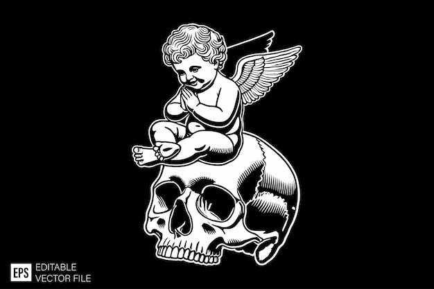 Vector cupid angel baby dark art style vector design black and white illustration