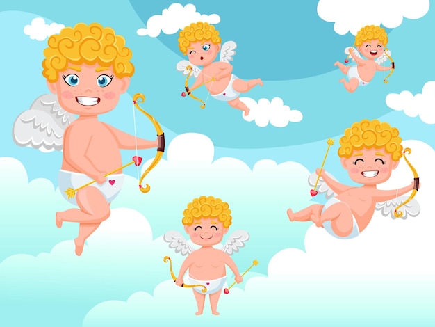 Cupid angels characters flying with bow and arrow clouds background. Happy Valentine's Day. Vector illustration decorative element on Valentine