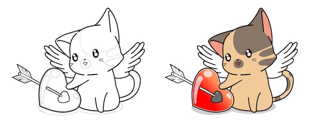 Cupid cat character and heart cartoon easily coloring page