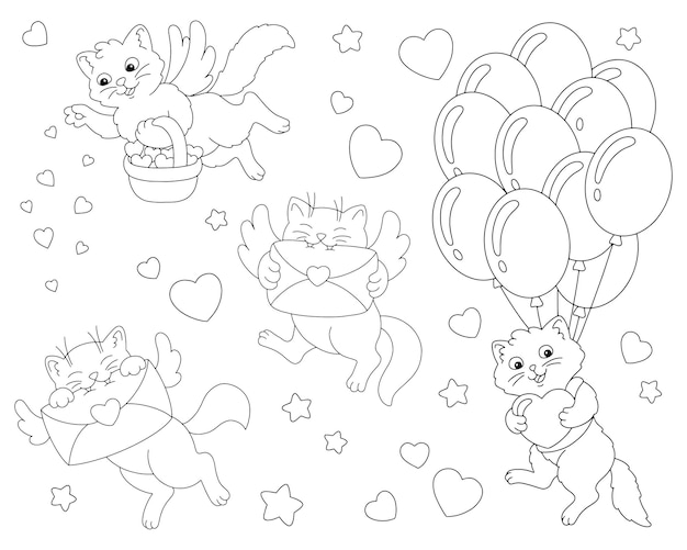 Cupid cat, love letters, balloons. Coloring book page for kids. Valentine's Day.