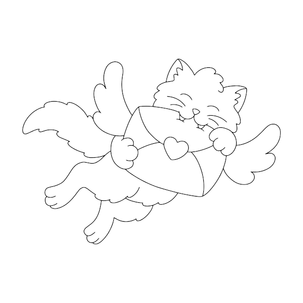 Cupid cat with wings carries a love letter Coloring book page for kids Cartoon style character