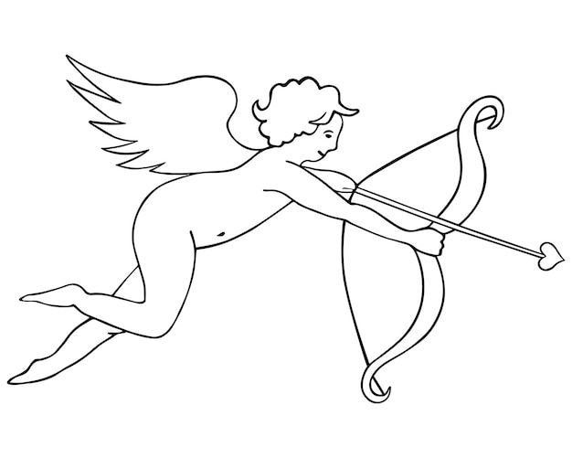 Cupid in doodle style. The little angel shoots arrows from a bow. Kid with wings. Amur