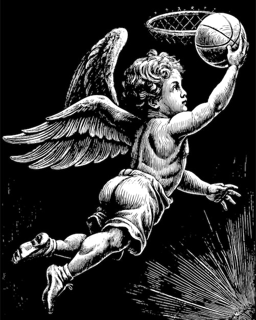 cupid from above can and aggressively throws a basketball into a basketball hoop vector