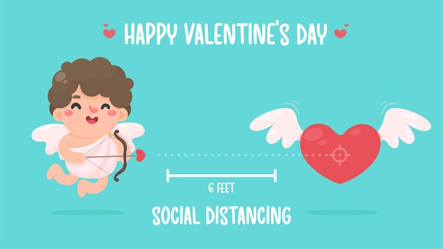 Cupid held a bow and pointed an arrow at the heart. Social distancing for Valentine's Day