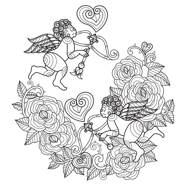 Vector cupid and rose hand drawn for adult coloring book