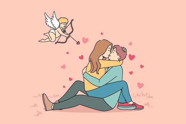 Cupid shooting at couple in love