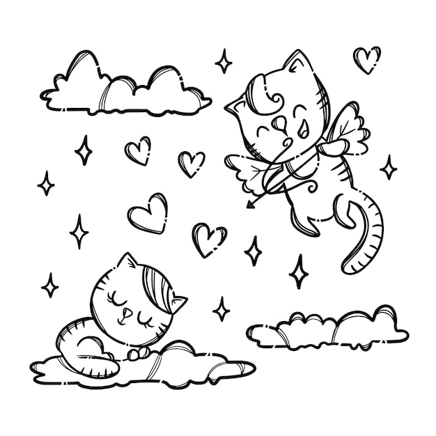 Cupid Shoots To a Kitty Sleepping On Cloud. Monochrome Valentine Day Holiday Hand Drawn Cartoon