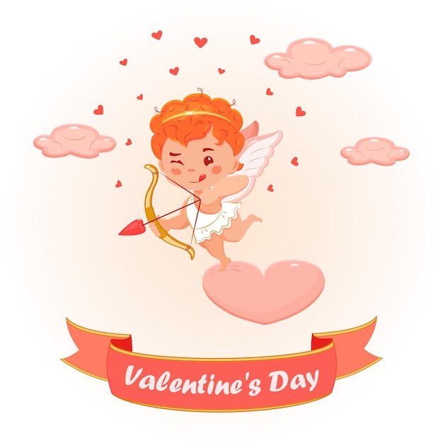 Cupid with bow and arrow vector illustration of cherub in pink clouds redhaired cute angel in cartoo