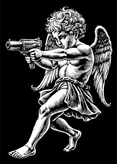 cupid with an grenade launcher in hands classic tattoo stylecupid taking aim with an grenade