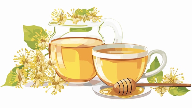 Vector cups of linden tea and jar with honey on white background