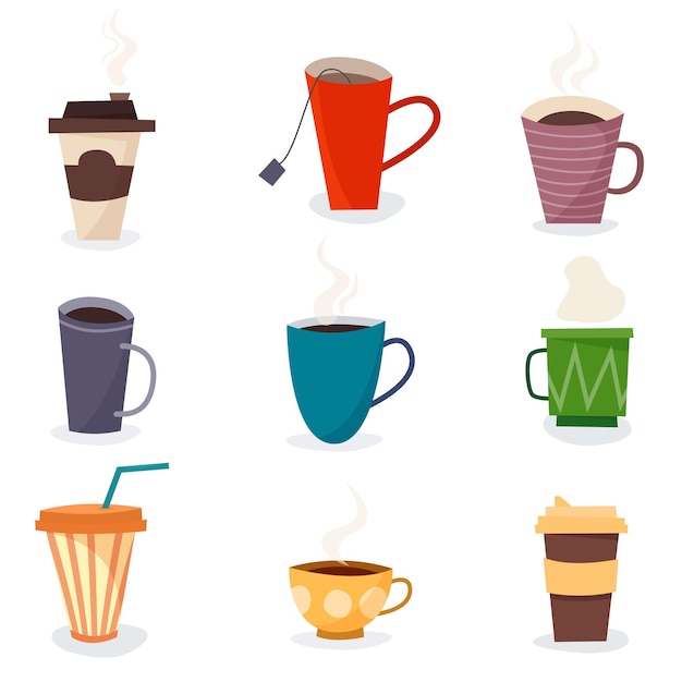 Cups for tea and coffee set Flat cartoon style vector illustration