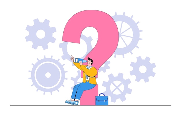 Curiosity exploring the unknown looking for a solution and aiming for success concepts illustrations Businessman sit on big question mark explore for new business opportunities using binoculars