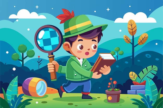 A curious cartoon character walks through a colorful landscape holding a magnifying glass and a book exploring nature with wonder and excitement