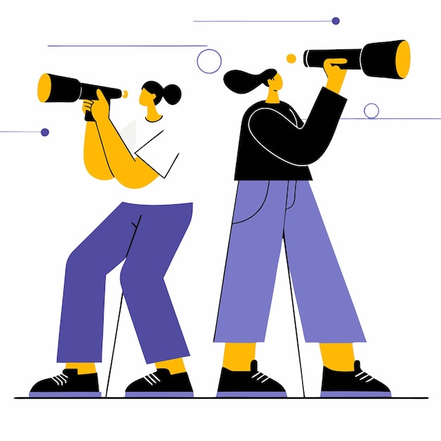 Vector curious characters in casual attire gaze through a telescope seeking distant wonders