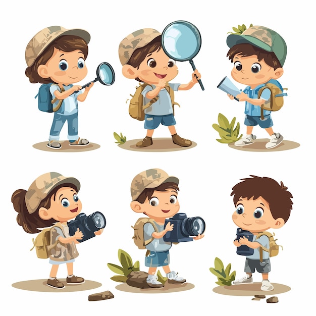 Vector curious little kids with magnifying glass and camera exploring together