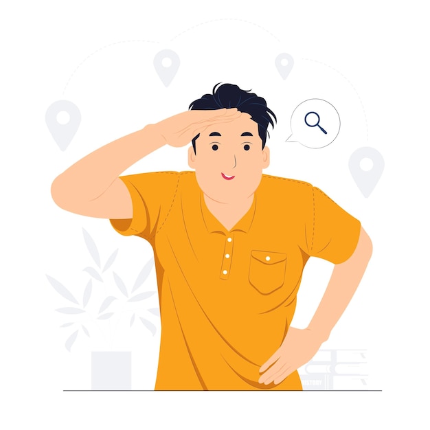 Curious man looking far away with hand over head trying to see something bad vision searching holding palm on forehead and gasping surprised and amazed concept illustration