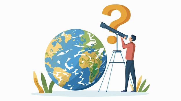 Vector curious man looking through telescope at question mark