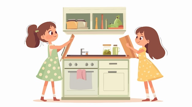 Curious Sisters Opening Kitchen Cabinets Near Counter